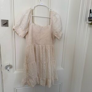 aerie Cream Puff-Sleeve Smocked Tiered Dress